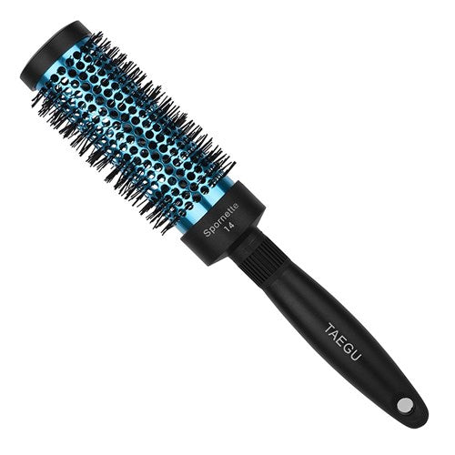 Black and blue hairbrush with 'TAEGU' branding on a white background