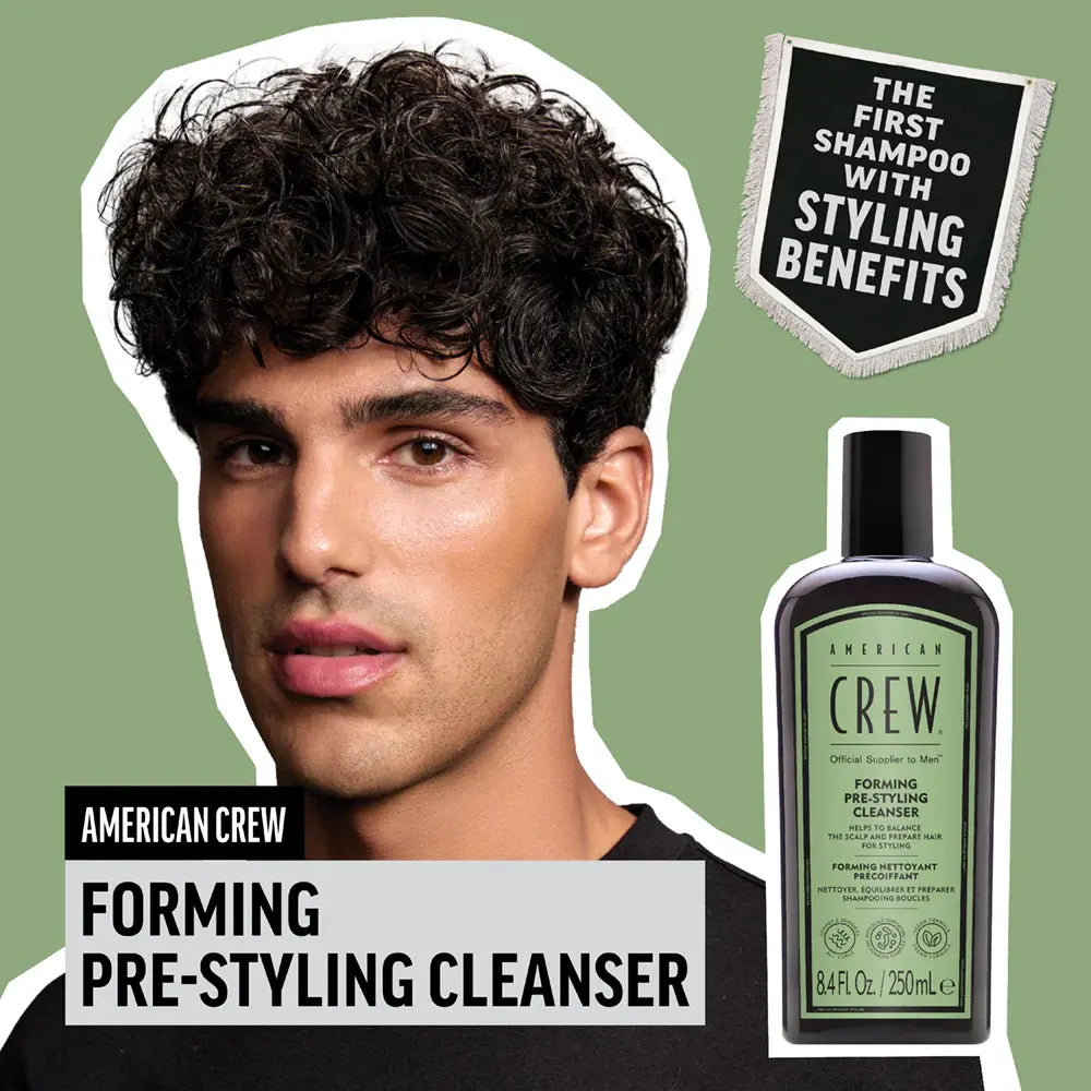 Advertisement for American Crew Forming Pre-Styling Cleanser with a man and product bottle on a green background.