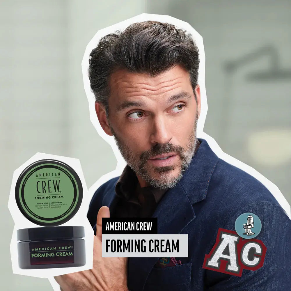 Man with styled hair next to American Crew forming cream jars and logo.