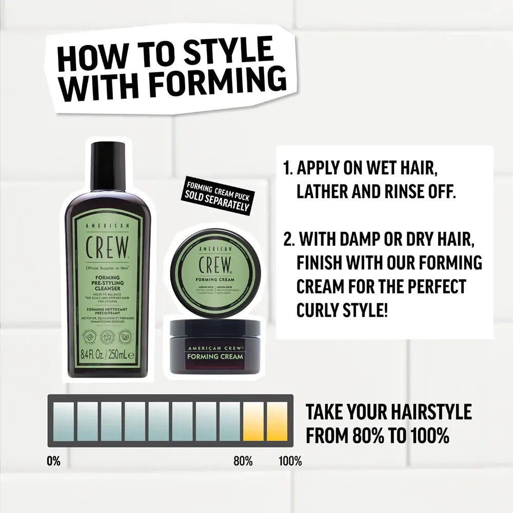 American Crew hair care products with instructions on how to style hair.
