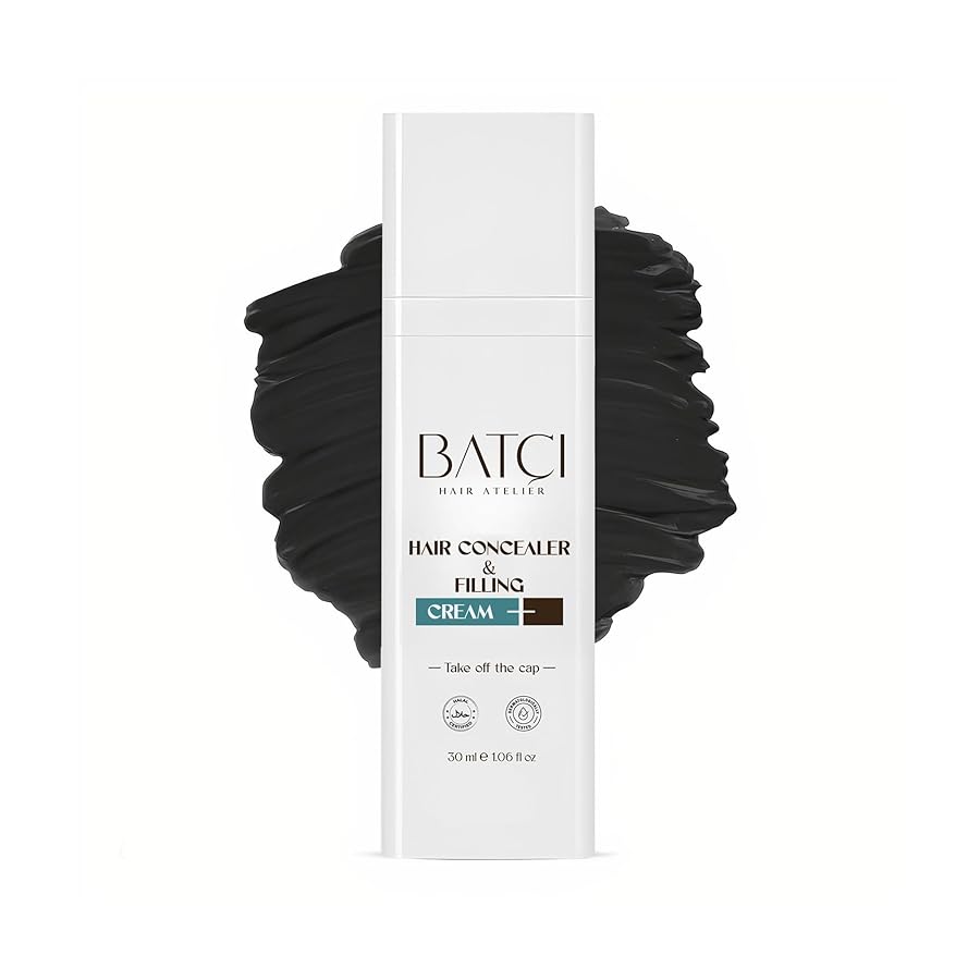 Hair concealer and filling cream with black hair strands on a white background