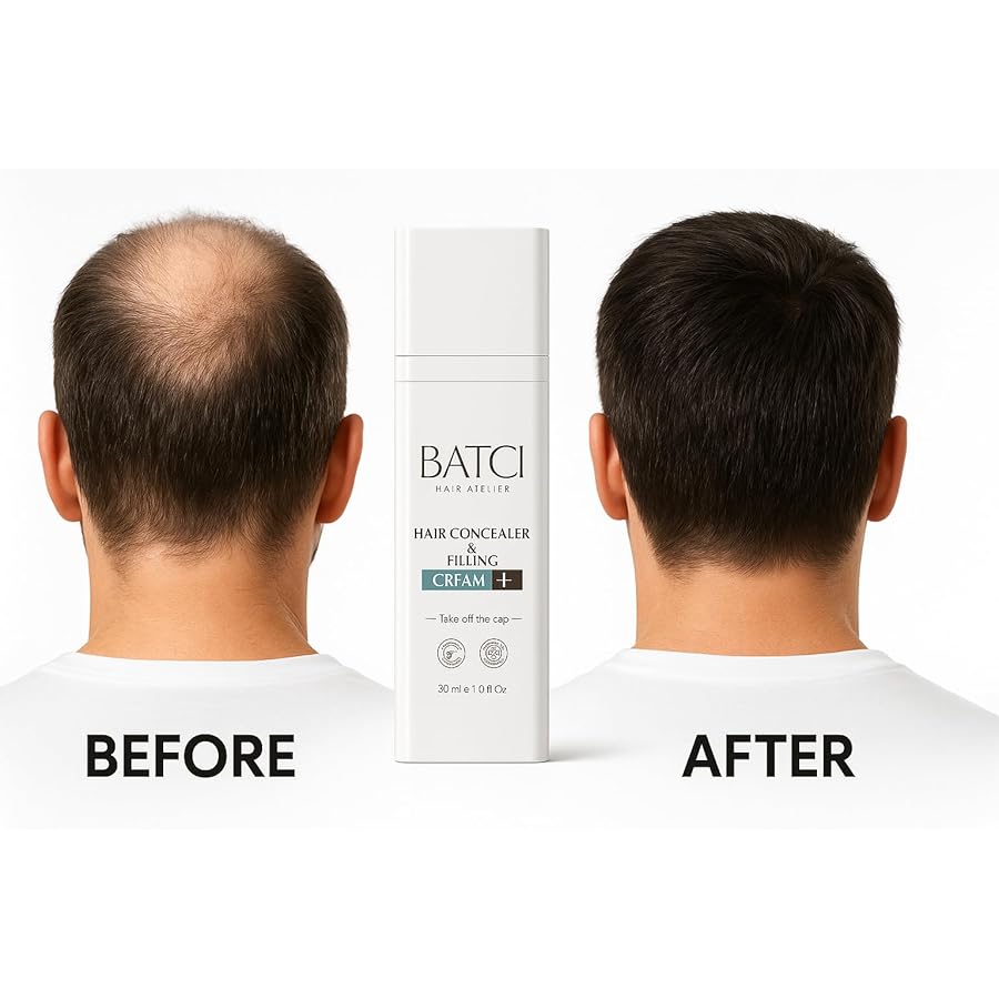 Before and after comparison of hair treatment with a bottle labeled 'BATCI' between the two.