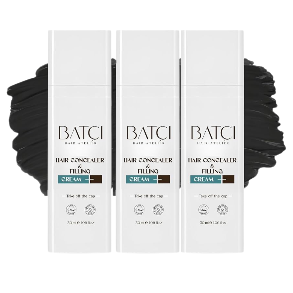 Three boxes of Batchi Hair Concealer Cream on a white background