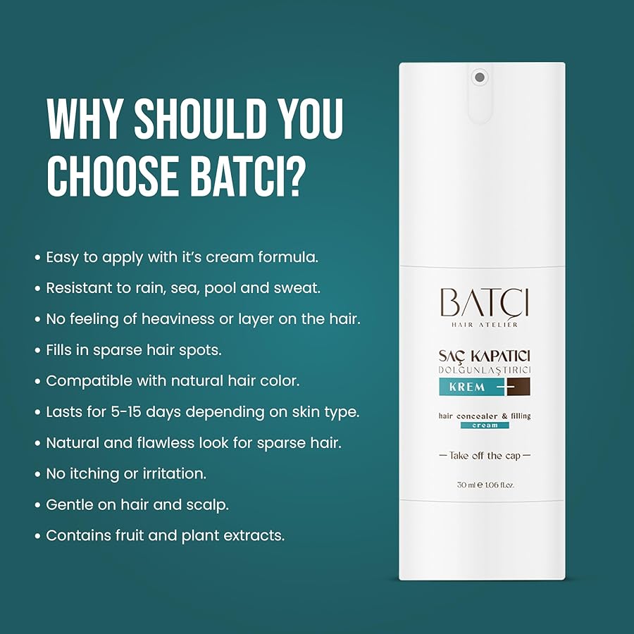 BATCI hair concealer product with promotional text on a teal background