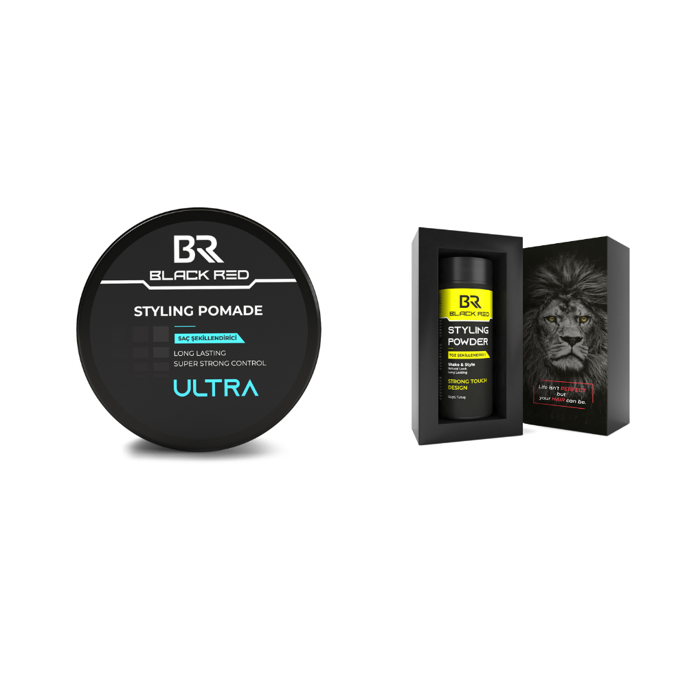 Black Red styling products including ultra strong pomade and powder with packaging on a white background.