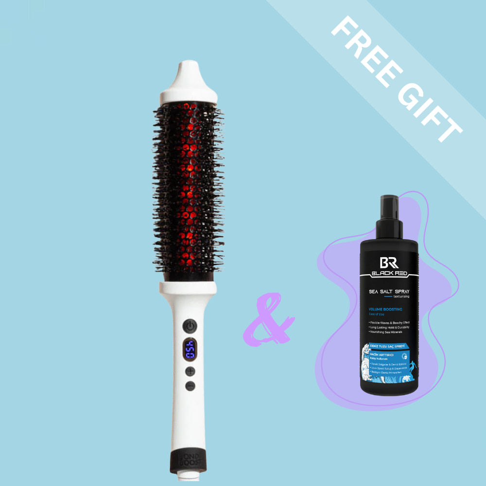Hair styling brush with digital display and free sea salt spray bottle on a light blue background
