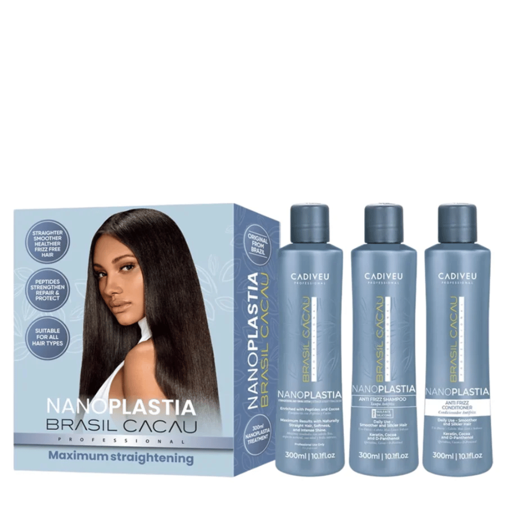 Cadiveu NanoPlastia Brasil Cacau professional hair straightening kit, featuring a light blue box with a model photo and three matching blue bottles of different sizes.