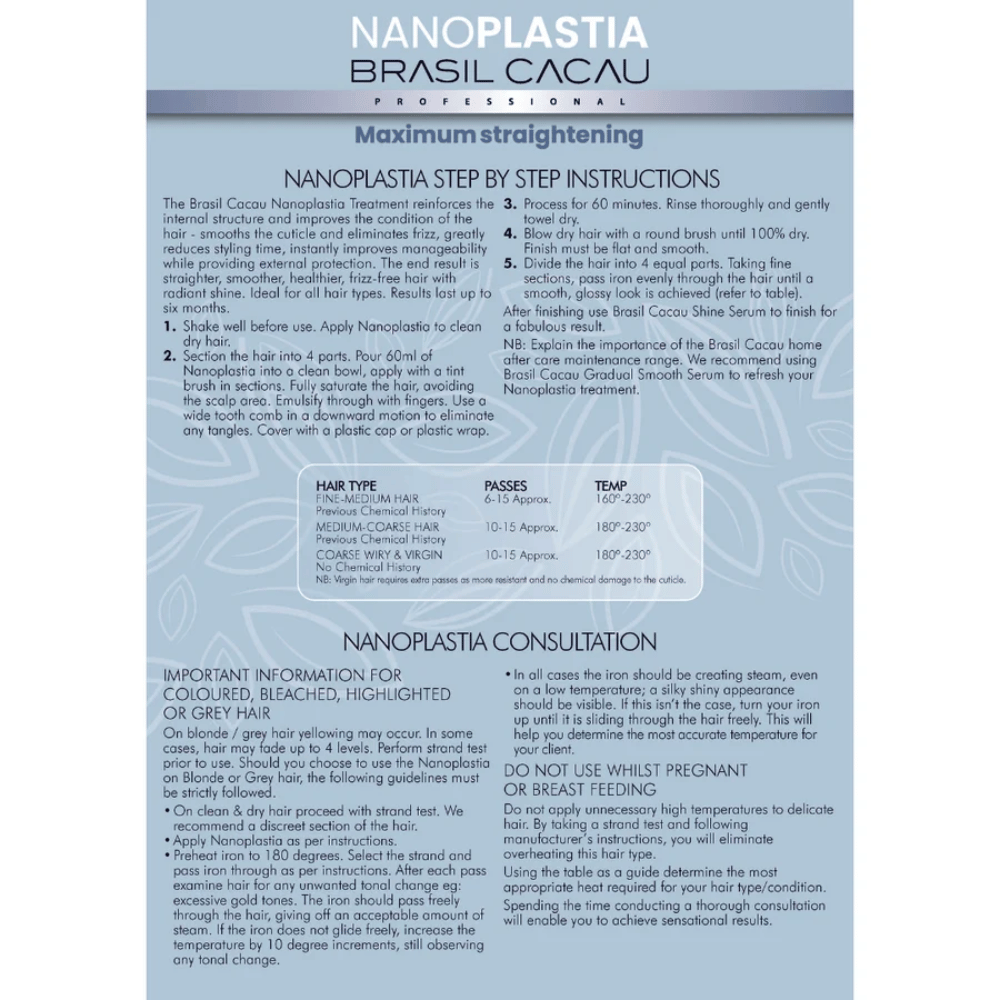 A printed informational sheet for Nanoplasta Brasil Cacao Professional hair treatment, detailing step-by-step instructions, temperature, and application guidelines.