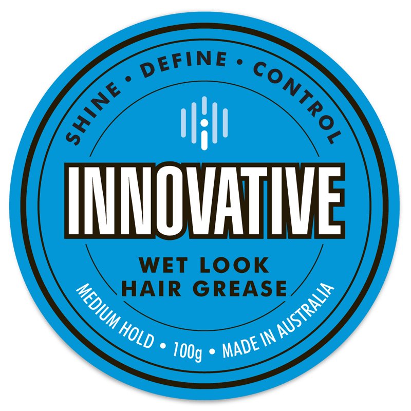 Innovative Wet Look Hair Grease label with blue circular design