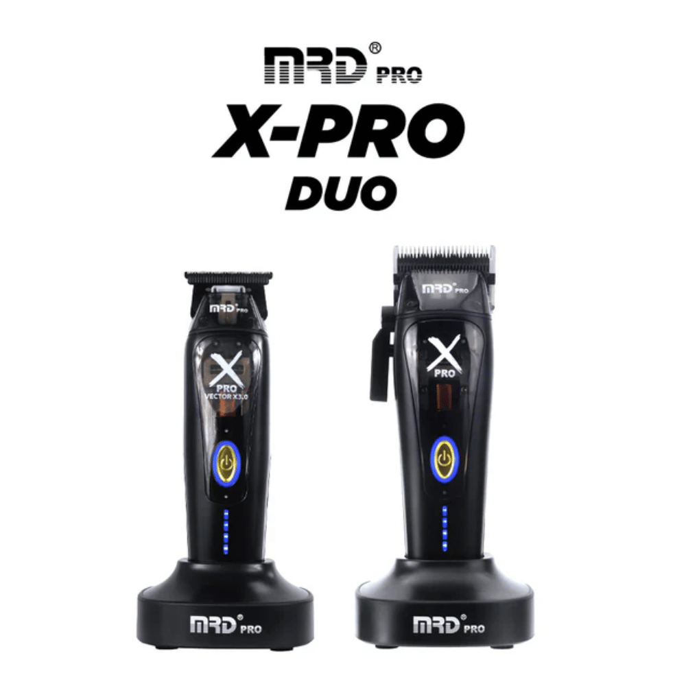 Two hair trimmers with 'MRD Pro X-Pro Duo' branding on a white background
