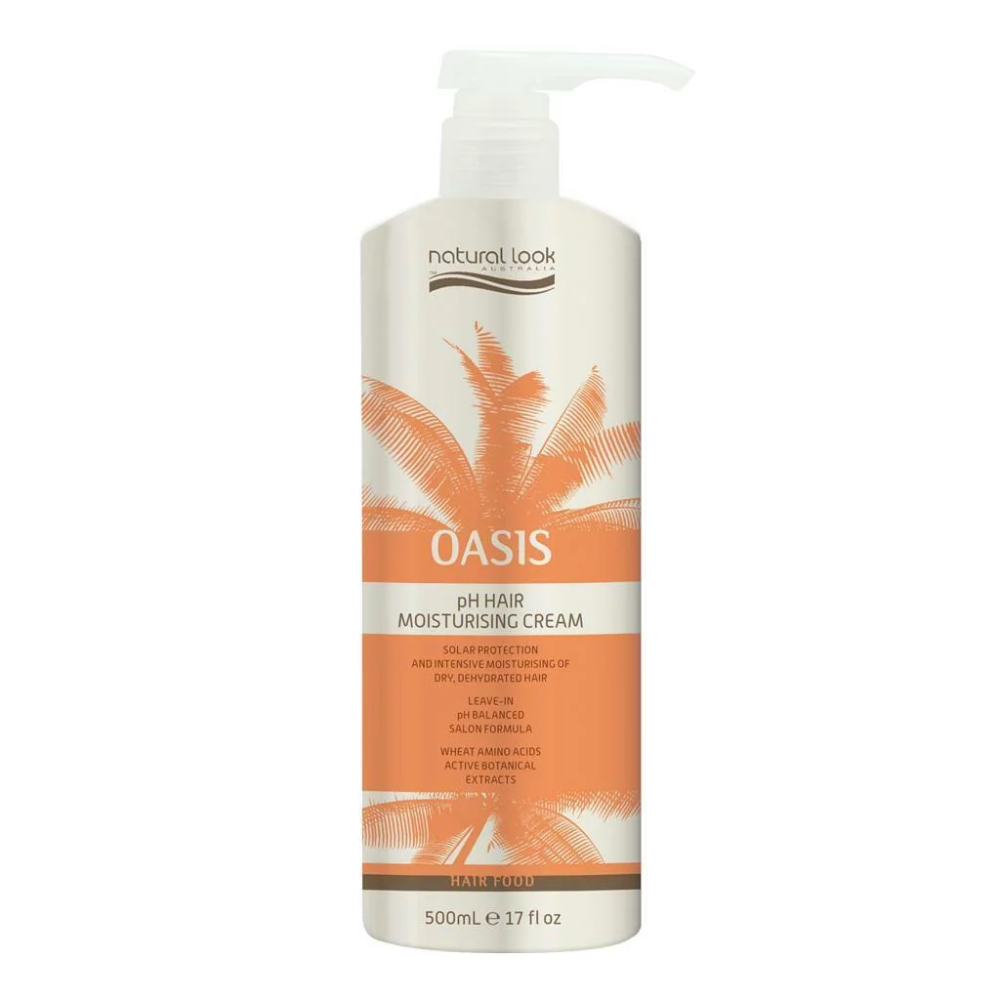 Bottle of Oasis pH Hair Moisturising Cream with pump on a white background