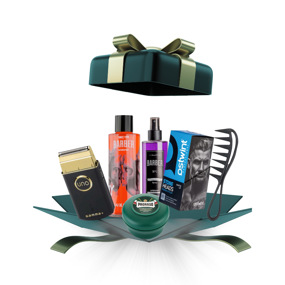 Collection of grooming products including a razor, bottles, and a comb on a decorative stand with a green bow.