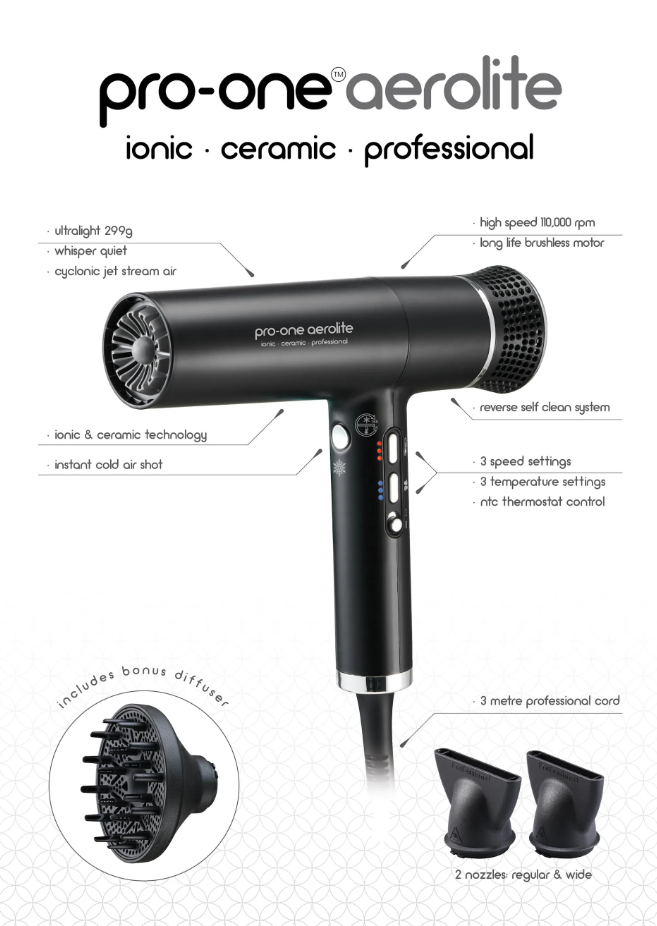 Pro-One Aerolite Hairdryer - Black | Barber Outlet