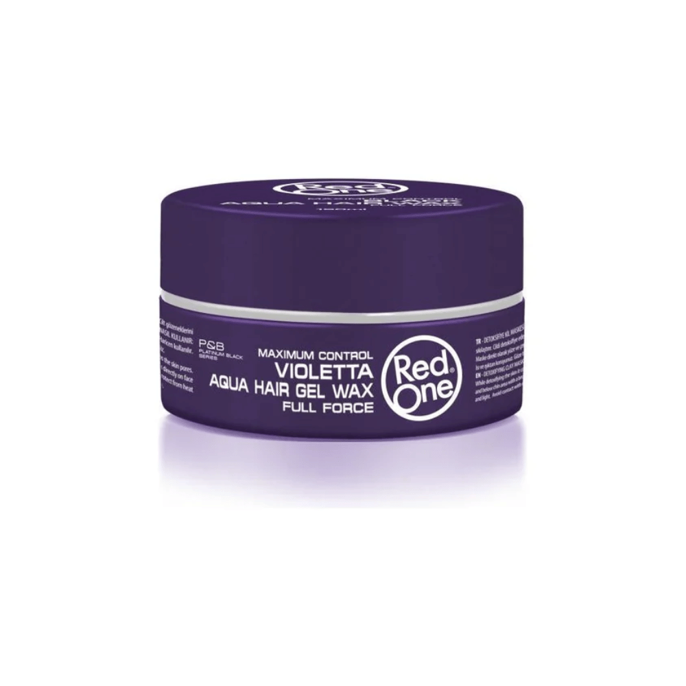 Purple jar of RedOne Violette Aqua Hair Gel Wax on a white background