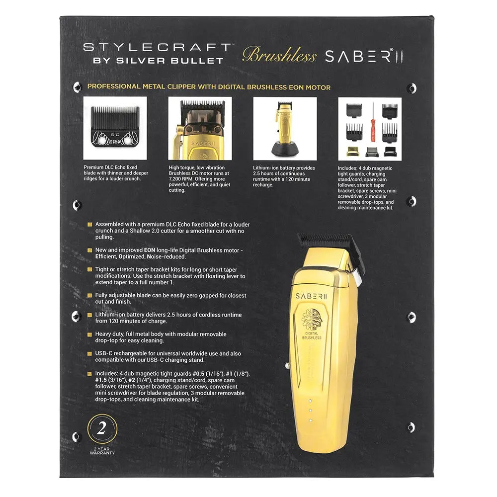 Package of Stylecraft by Silver Bullet Saber II hair clipper with product details on a black background