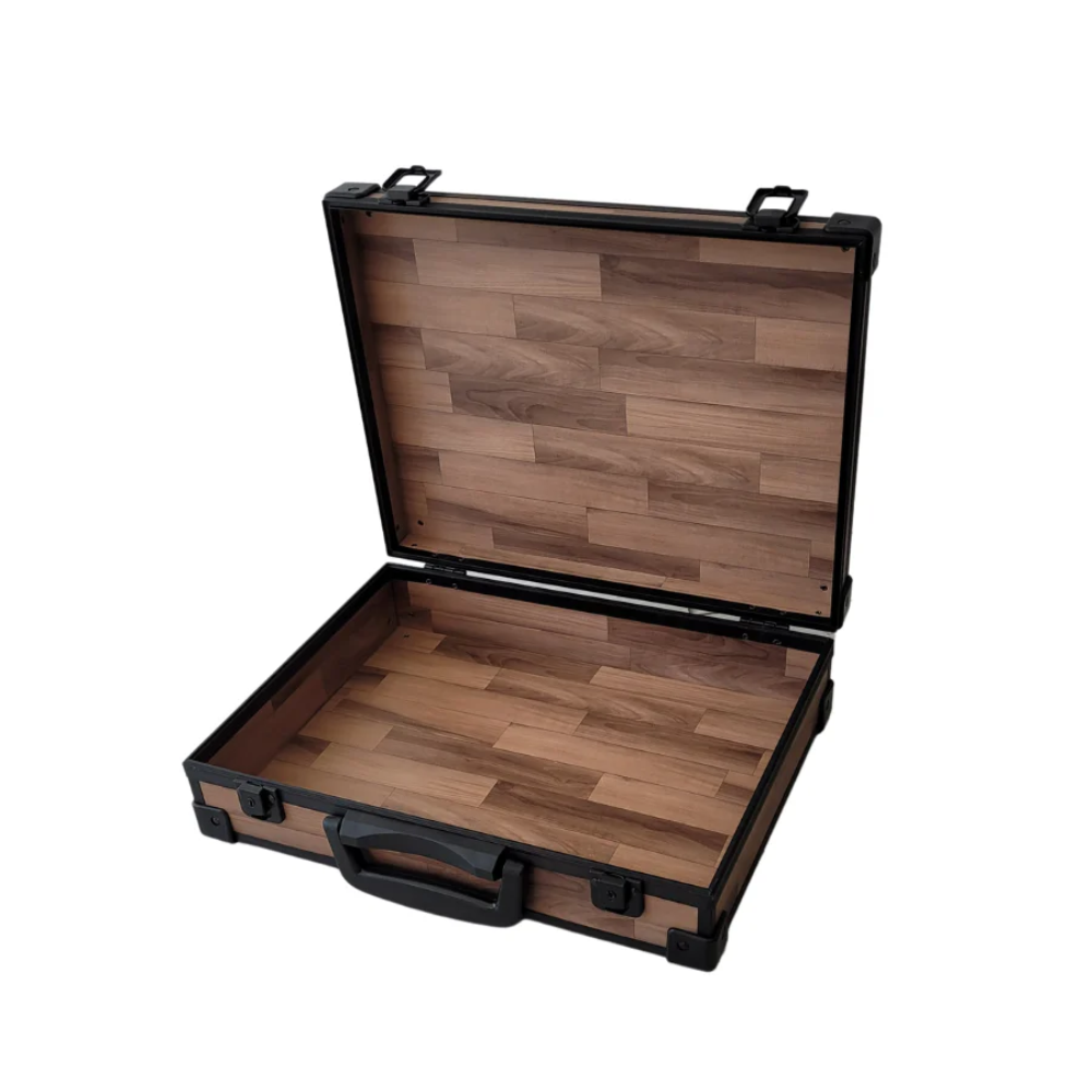Wooden briefcase with black trim on a white background