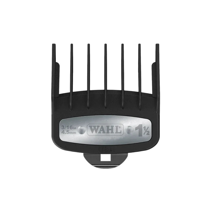 Black and silver Wahl hair clipper comb on a white background