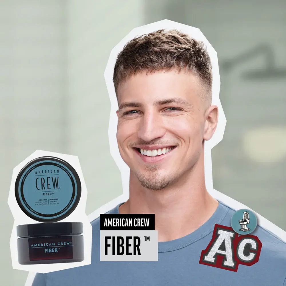 Man with styled hair next to American Crew Fiber product packaging on a neutral background
