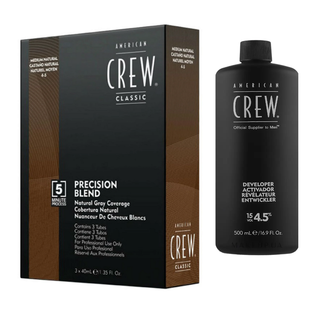 American Crew Precision Blend Hair Color 4-5 Medium Natural - 3x40ml with Developer 15VOL - Bundle