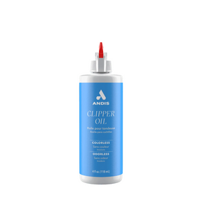 Andis clipper oil bottle with blue label on a white background