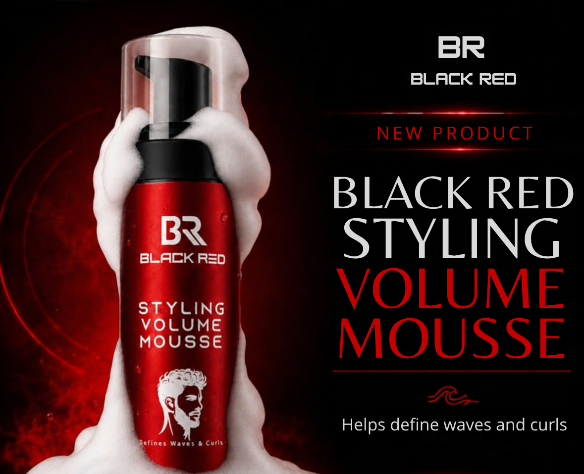 A bottle of BR Black Red Styling Volume Mousse is shown with white foam around it on a dark red and black background, with large promotional text on the right.