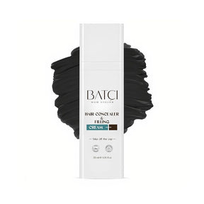 Hair concealer and filling cream with black hair strands on a white background