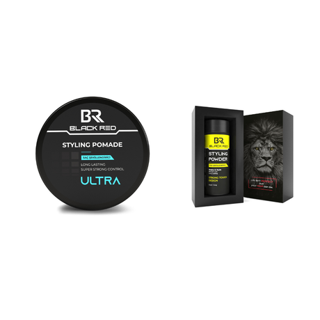 Black Red styling products including ultra strong pomade and powder with packaging on a white background.