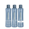 Three Cadiveu Professional Brasil Cacaún NanoPlastia haircare bottles in a set of 3, including shampoo, conditioner, and anti-frizz conditioner, shown on a plain white background.