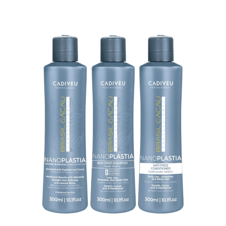 Three Cadiveu Professional Brasil Cacaún NanoPlastia haircare bottles in a set of 3, including shampoo, conditioner, and anti-frizz conditioner, shown on a plain white background.
