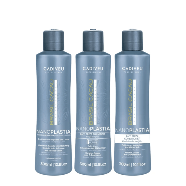 Three Cadiveu Professional Brasil Cacaún NanoPlastia haircare bottles in a set of 3, including shampoo, conditioner, and anti-frizz conditioner, shown on a plain white background.