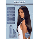 Advertisement for Nanoplastia Brasil Cacau hair straightening product with a model and product packaging.