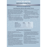 A printed informational sheet for Nanoplasta Brasil Cacao Professional hair treatment, detailing step-by-step instructions, temperature, and application guidelines.