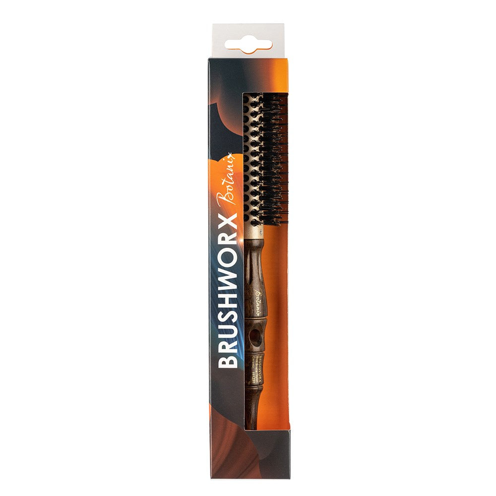 Packaged hairbrush with BRUSHWORX branding on a white background
