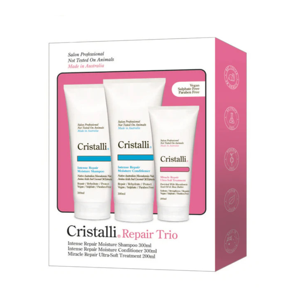 Cristalli Repair Trio set with three bottles and a pink box on a white background