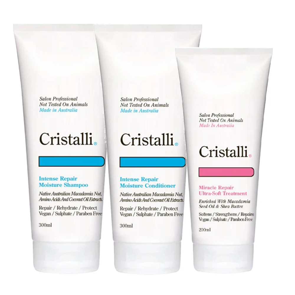 Three Cristalli hair care products on a white background