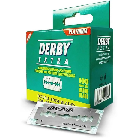 Derby Extra razor blade packaging with a double blade displayed in front
