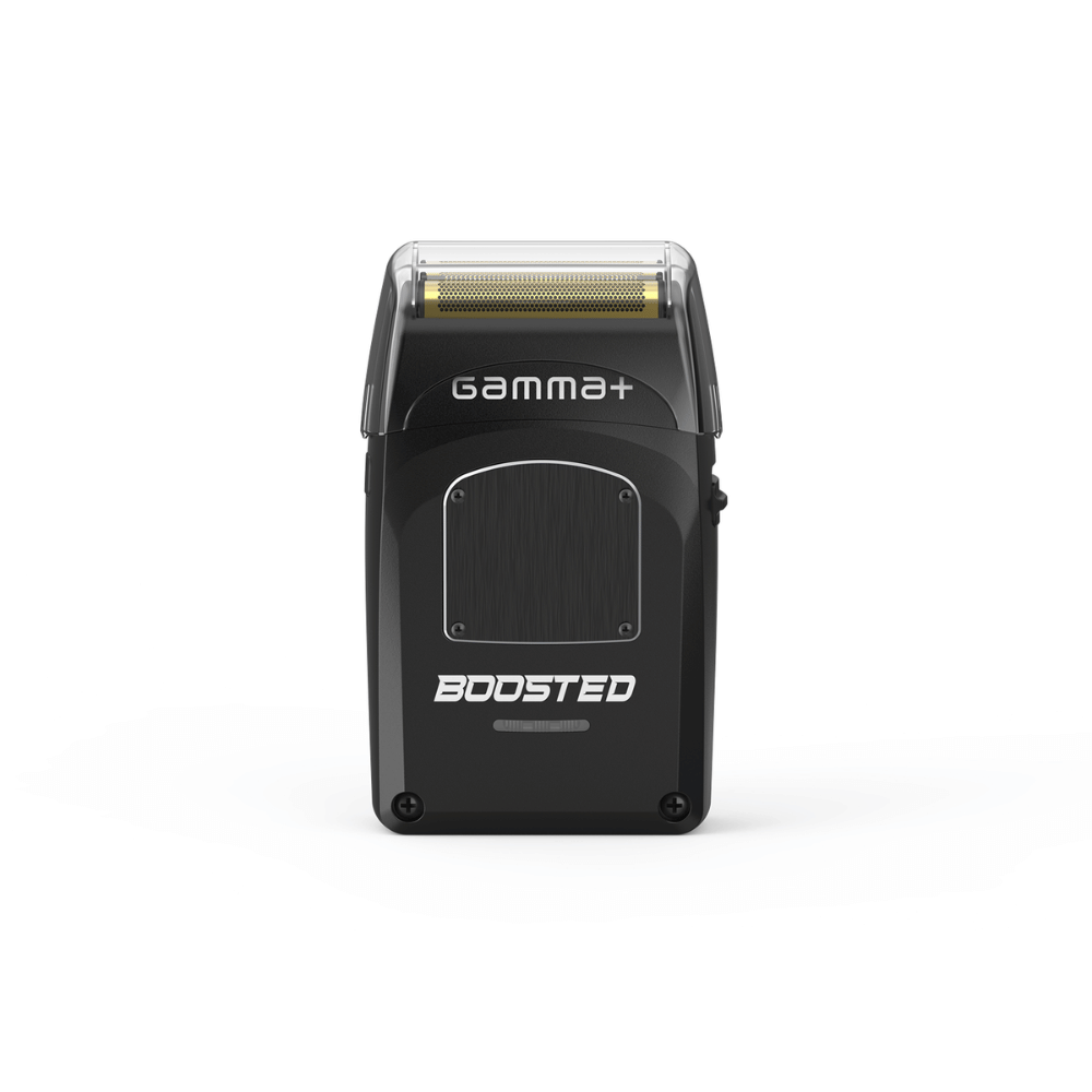Black electric shaver with Gamma branding on a white background
