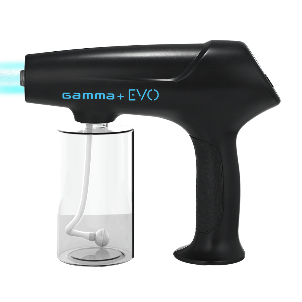 Black spray gun labeled 'gamma+ EVO' on a white background