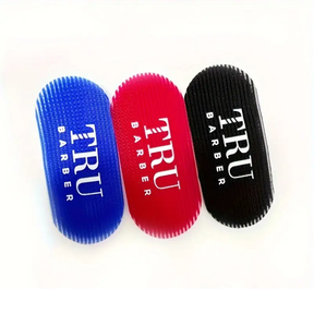 Three TRU Barber scrubbers in blue, red, and black on a white background