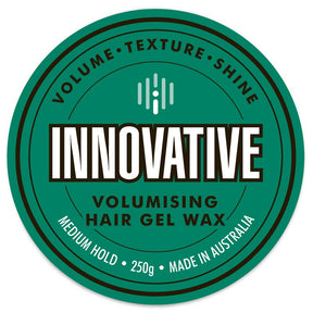 Innovative volumising hair gel wax label on a green background