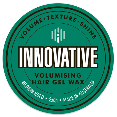 Innovative volumising hair gel wax label on a green background