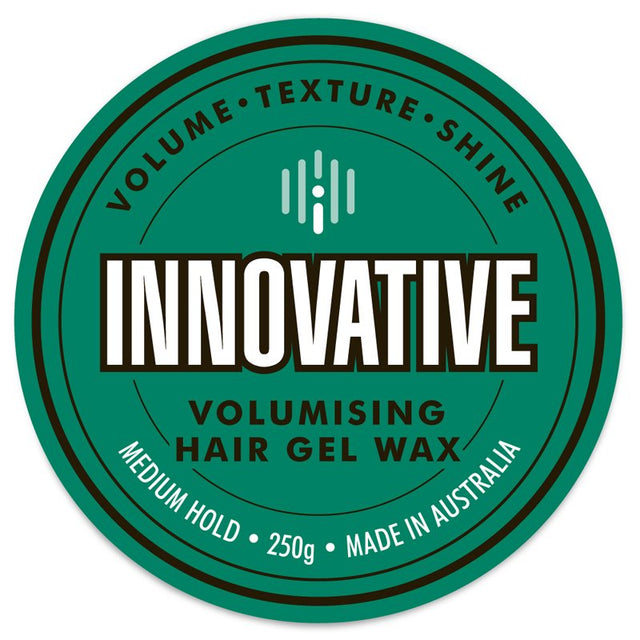 Innovative volumising hair gel wax label on a green background