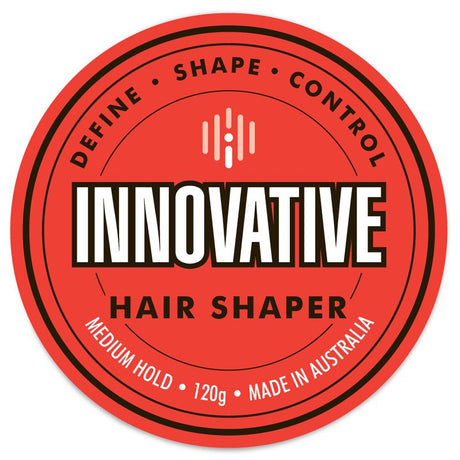 Innovative Hair Shaper label with red background and black text
