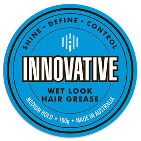 Innovative Wet Look Hair Grease label with blue circular design