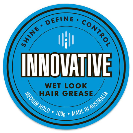 Innovative Wet Look Hair Grease label with blue circular design