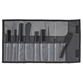 Set of hair styling tools including combs and a spatula in a black case on a white background