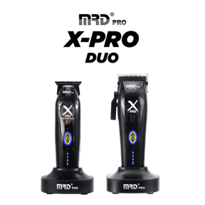 Two hair trimmers with 'MRD Pro X-Pro Duo' branding on a white background