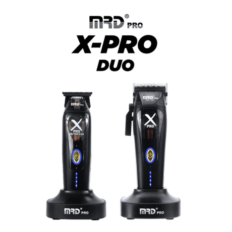 Two hair trimmers with 'MRD Pro X-Pro Duo' branding on a white background