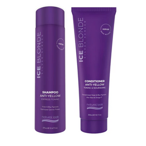 A bundle of Natural Look Silver Screen Ice Blonde Shampoo in a 375ml bottle and Conditioner in a 300ml tube, both with purple labels.