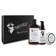 Sheffield beard care product set including shampoo, oil, and balm with a black box on a white background.